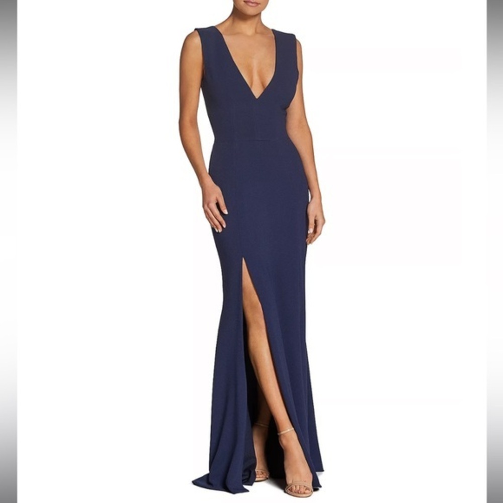 NWT Dress The Population Sandra Plunging V Neck Gown Dress New Formal Navy Blue